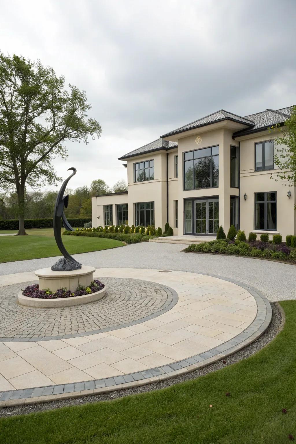 A striking central sculpture in a circular driveway.