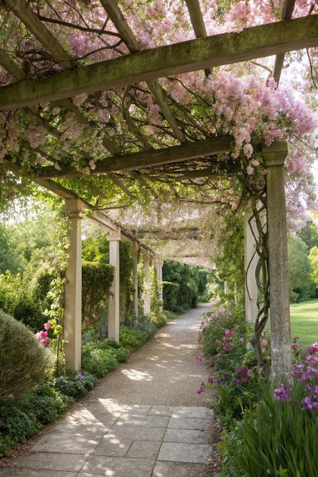 A pergola trellis framework forms a grand floral cover with clematis.