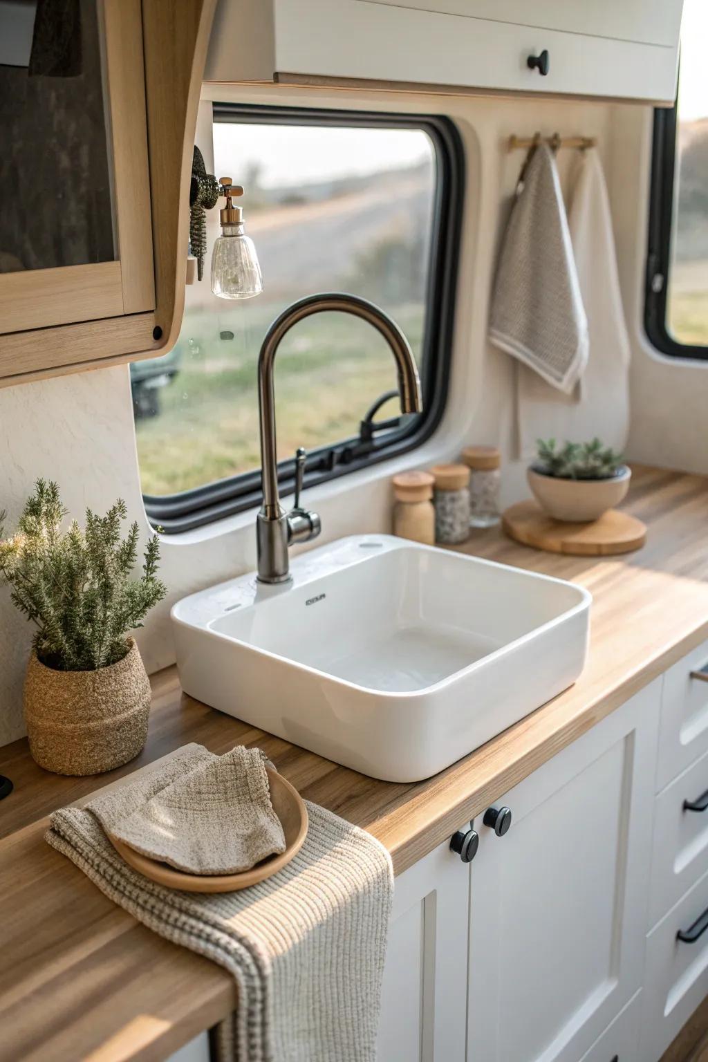 Maximize your space with style: Discover the elegance of a retractable faucet in your campervan kitchen.