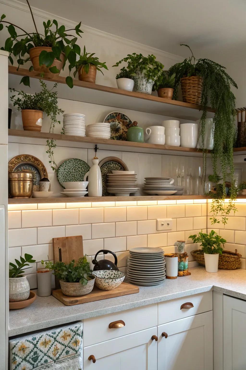 Open shelving adds a personal touch and openness to a closed kitchen.