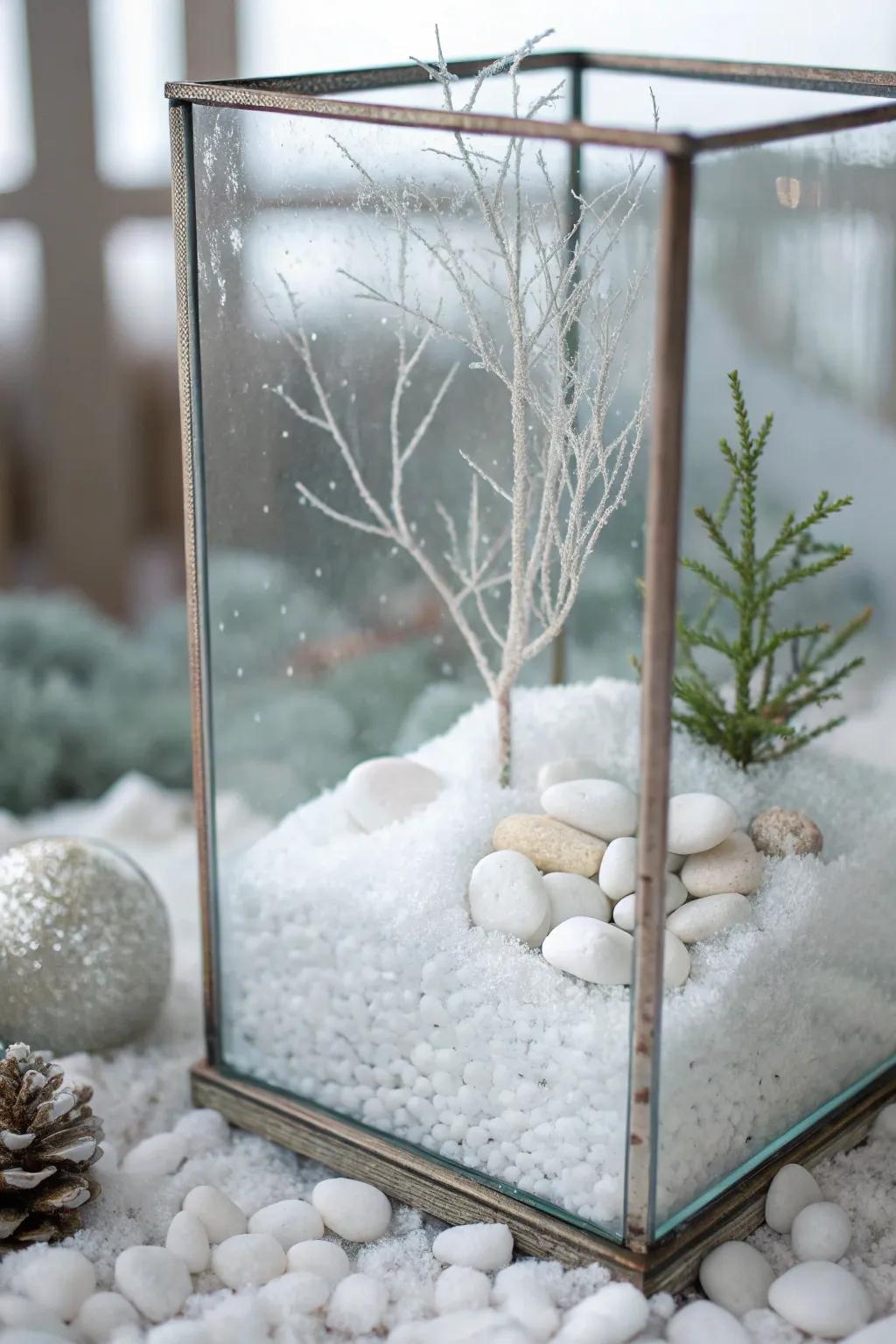 A frosted winter wonderland terrarium adds seasonal charm.