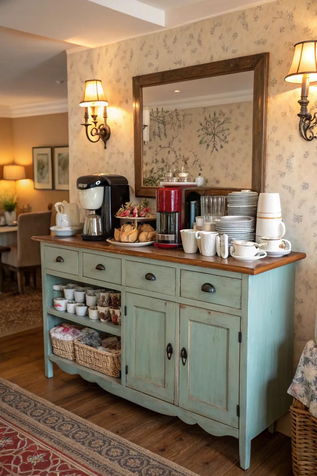 Upcycled vintage furniture adds character and charm to your coffee and tea station.