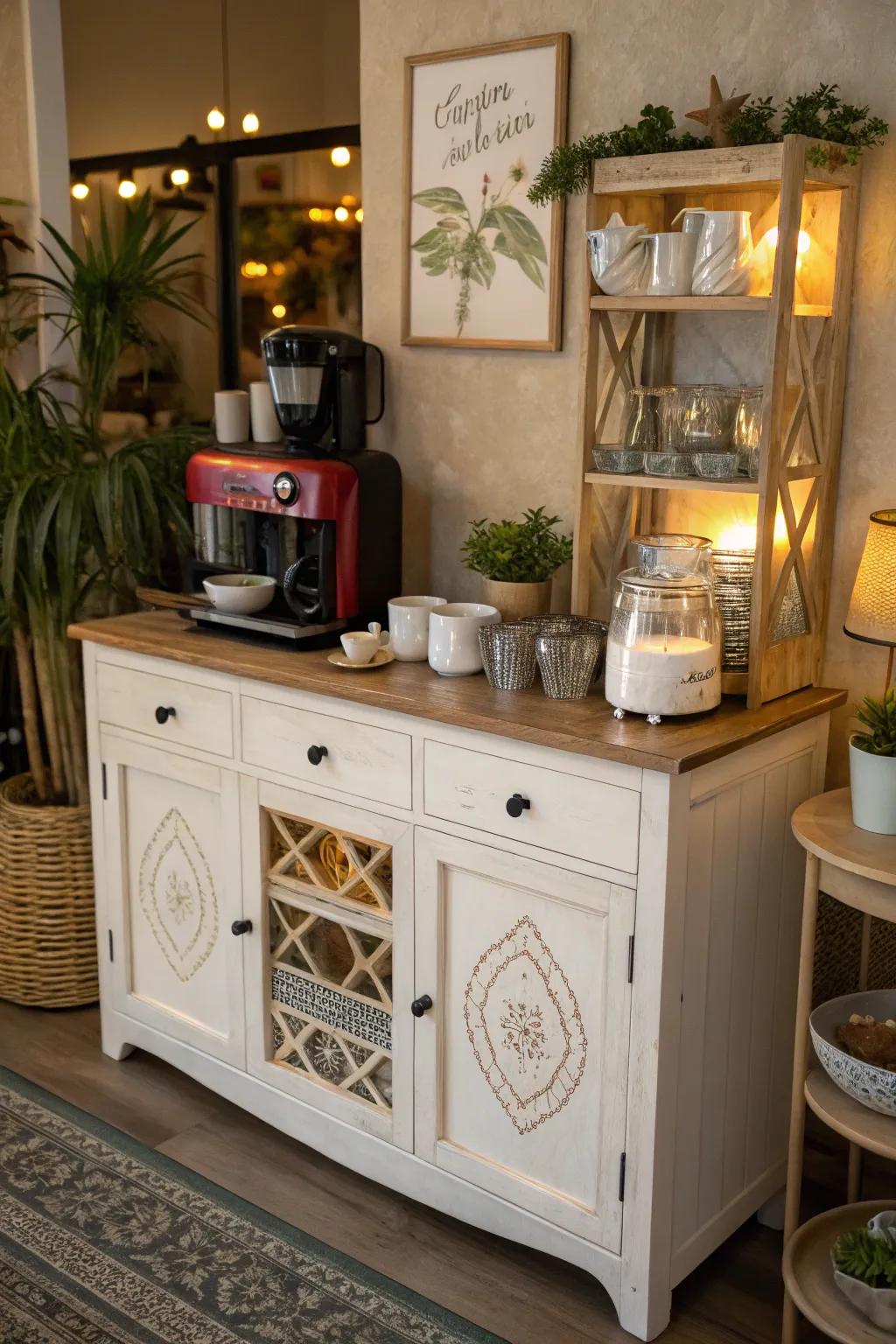 A time honored sideboard beautifully converted into a coffee bar.