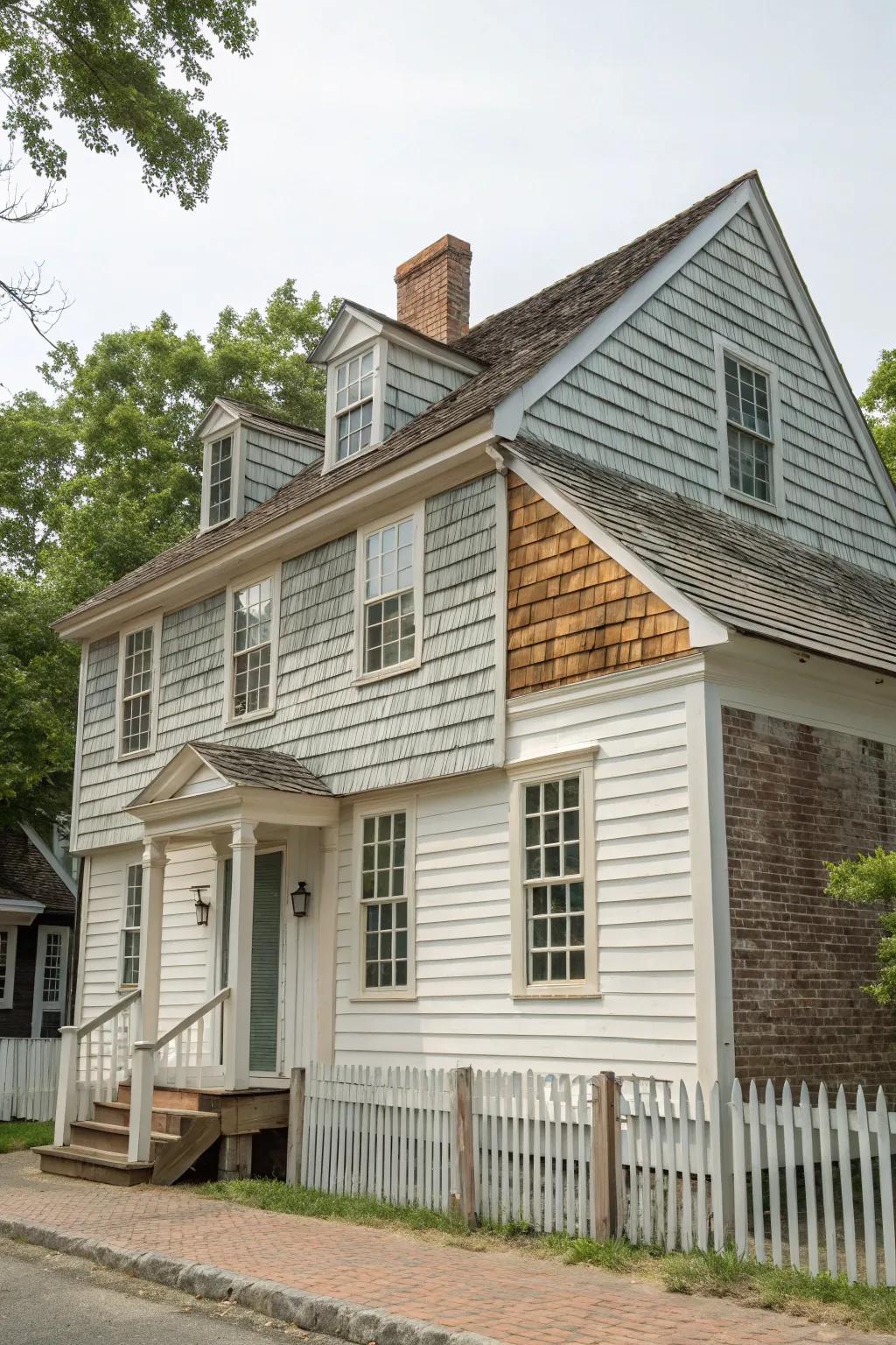 Colonial house with mixed siding styles.