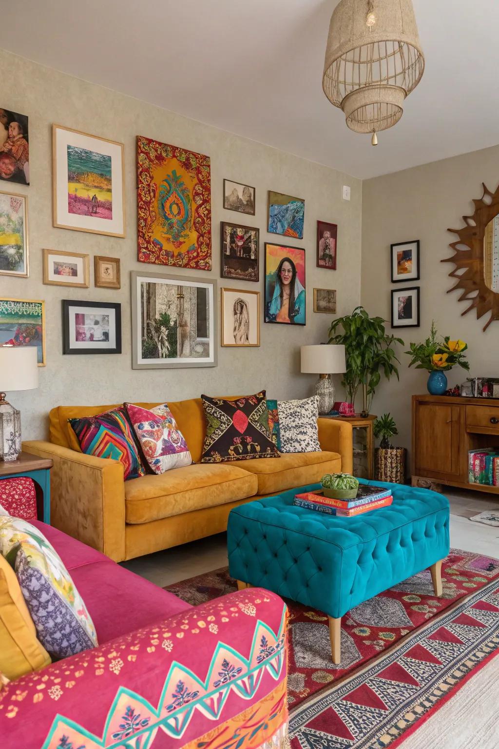 Personalized art pieces include a unique style to this vibrant lounge area.