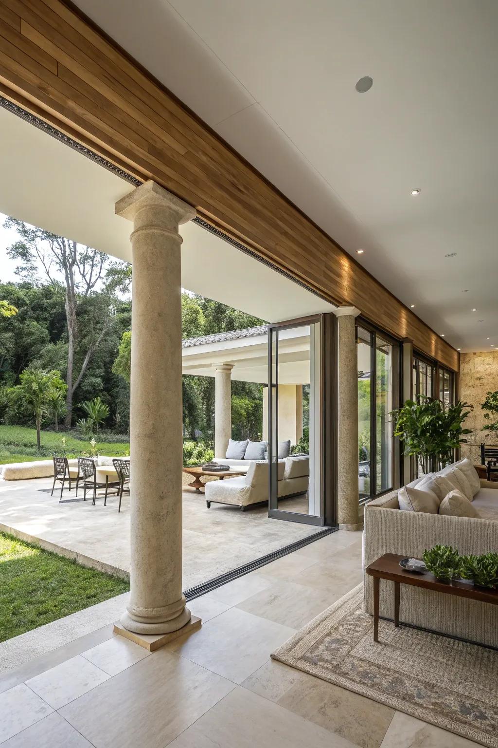 Continuous columns creating a seamless flow between indoor and outdoor areas.