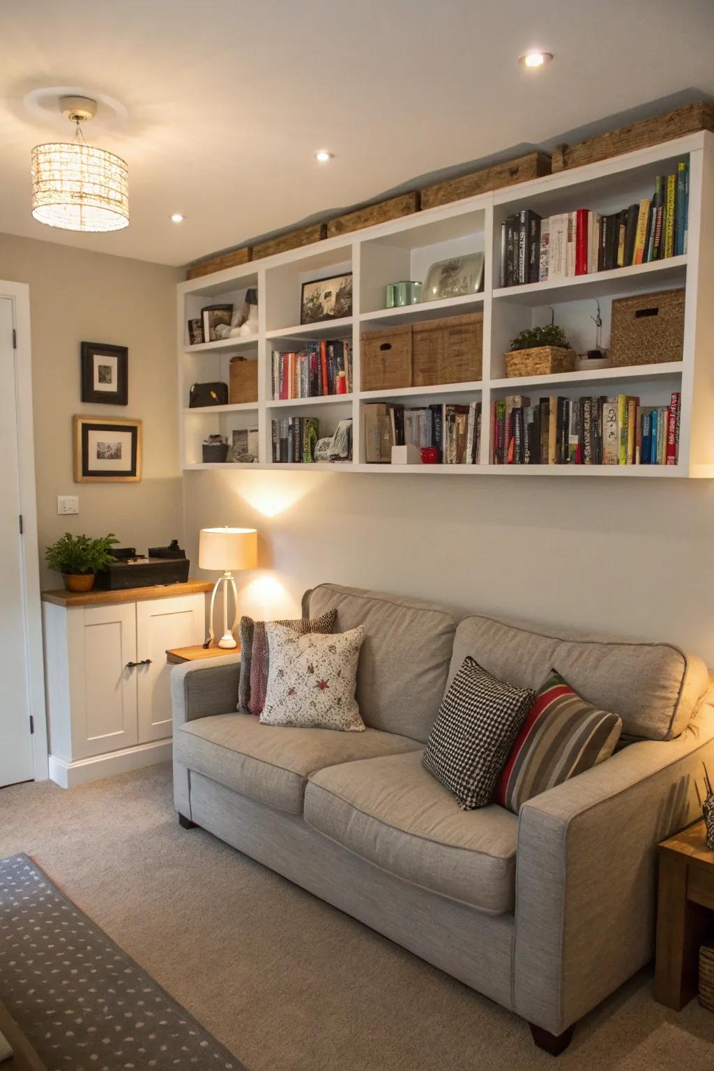 Vertical storage that matches a sofa in a small family room.