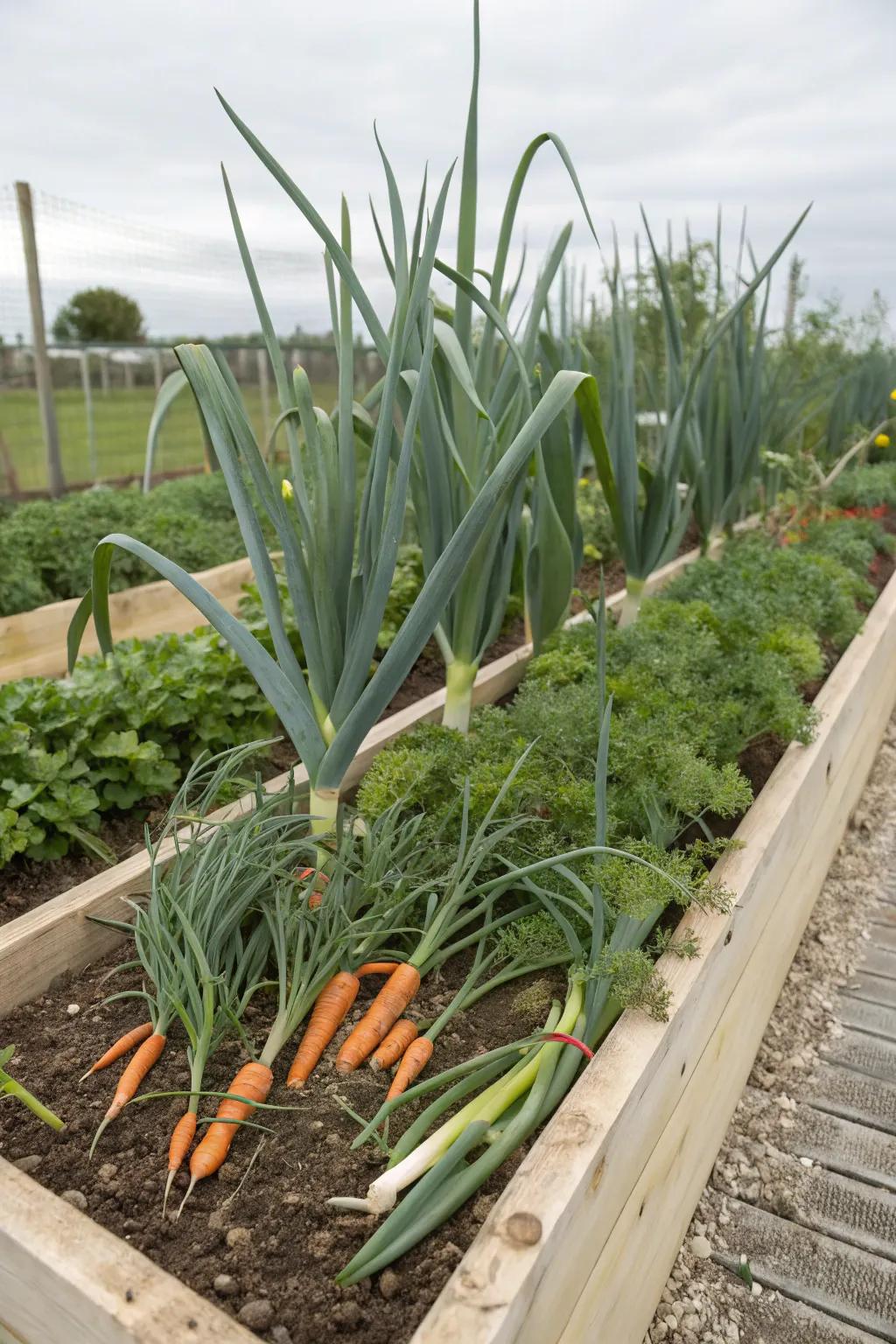 Leeks and carrots working together to improve garden health.