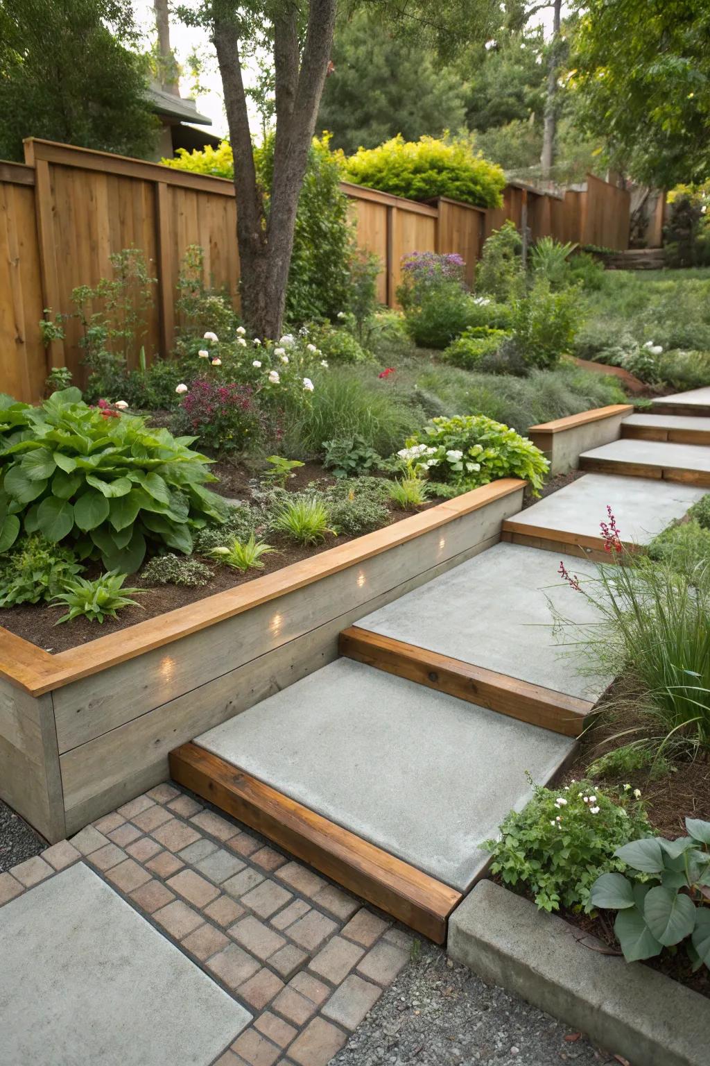 Wooden accents soften the look of concrete edging.