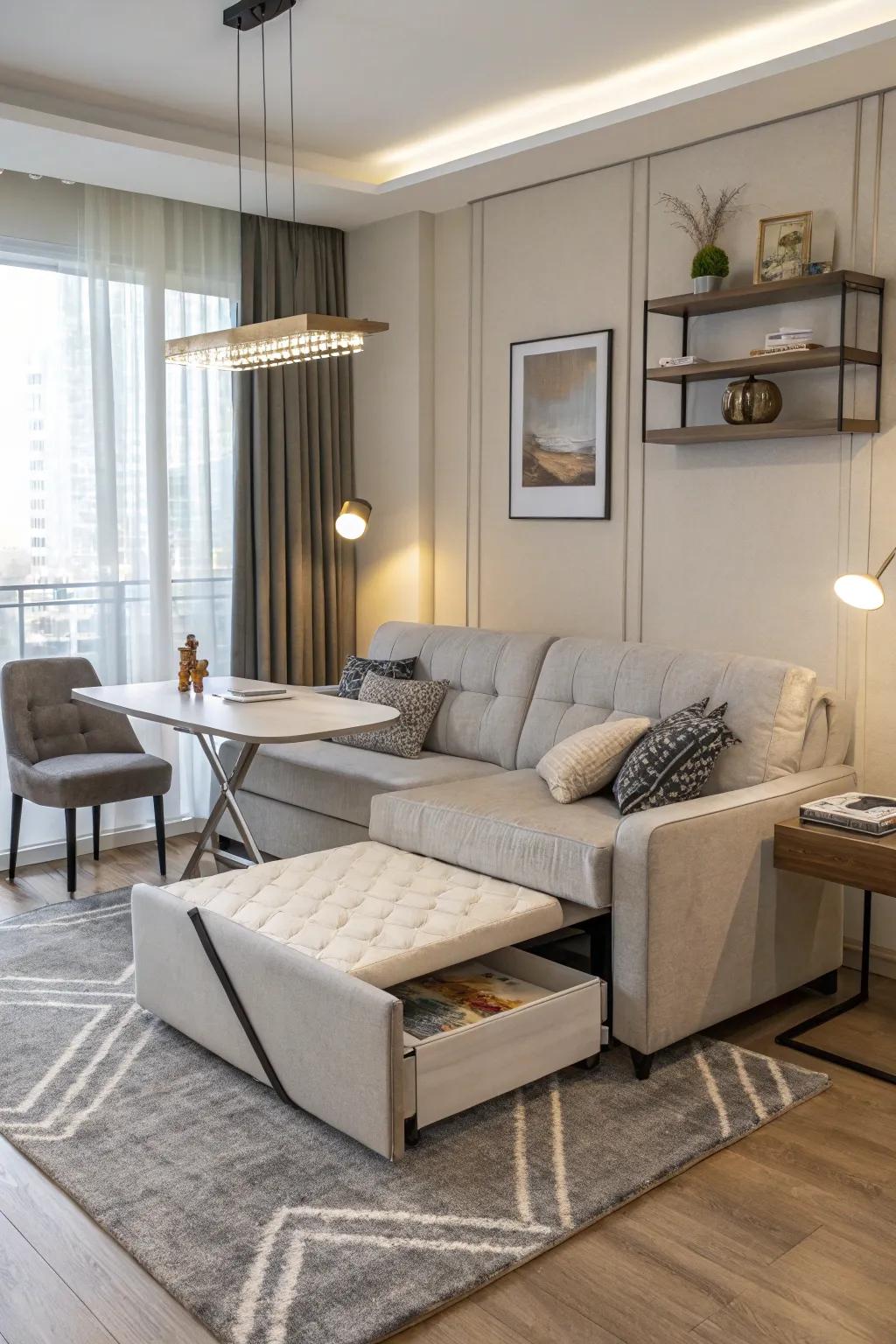 Multi-functional furniture in a condo, including a sofa bed and an extendable table.
