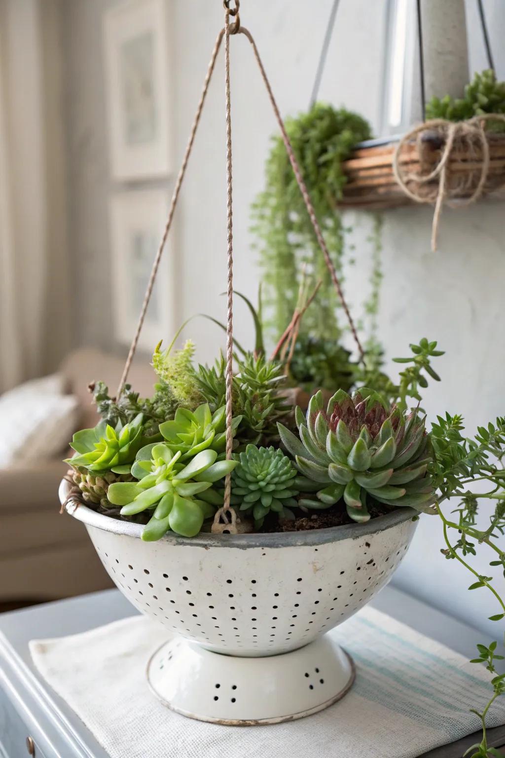Transform a vintage colander into a chic succulent haven! 🌿✨ #ScandiBoho #SucculentStyle