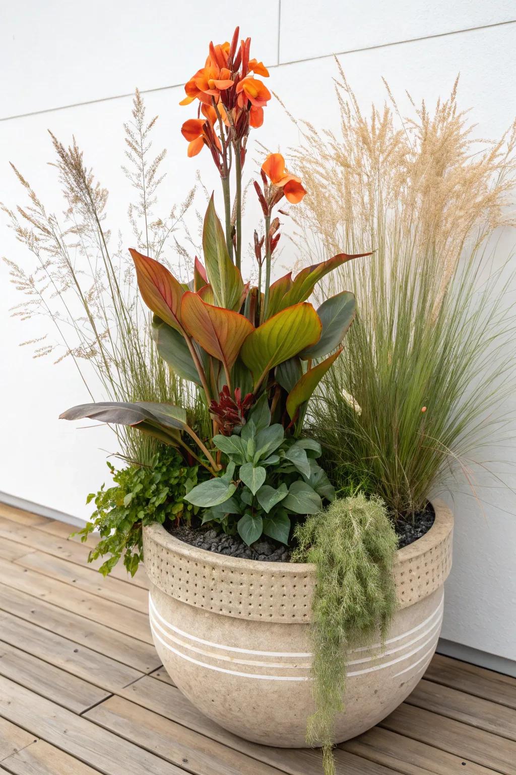 Transform your space with a touch of nature's artistry: Canna lily container garden in Scandinavian style.
