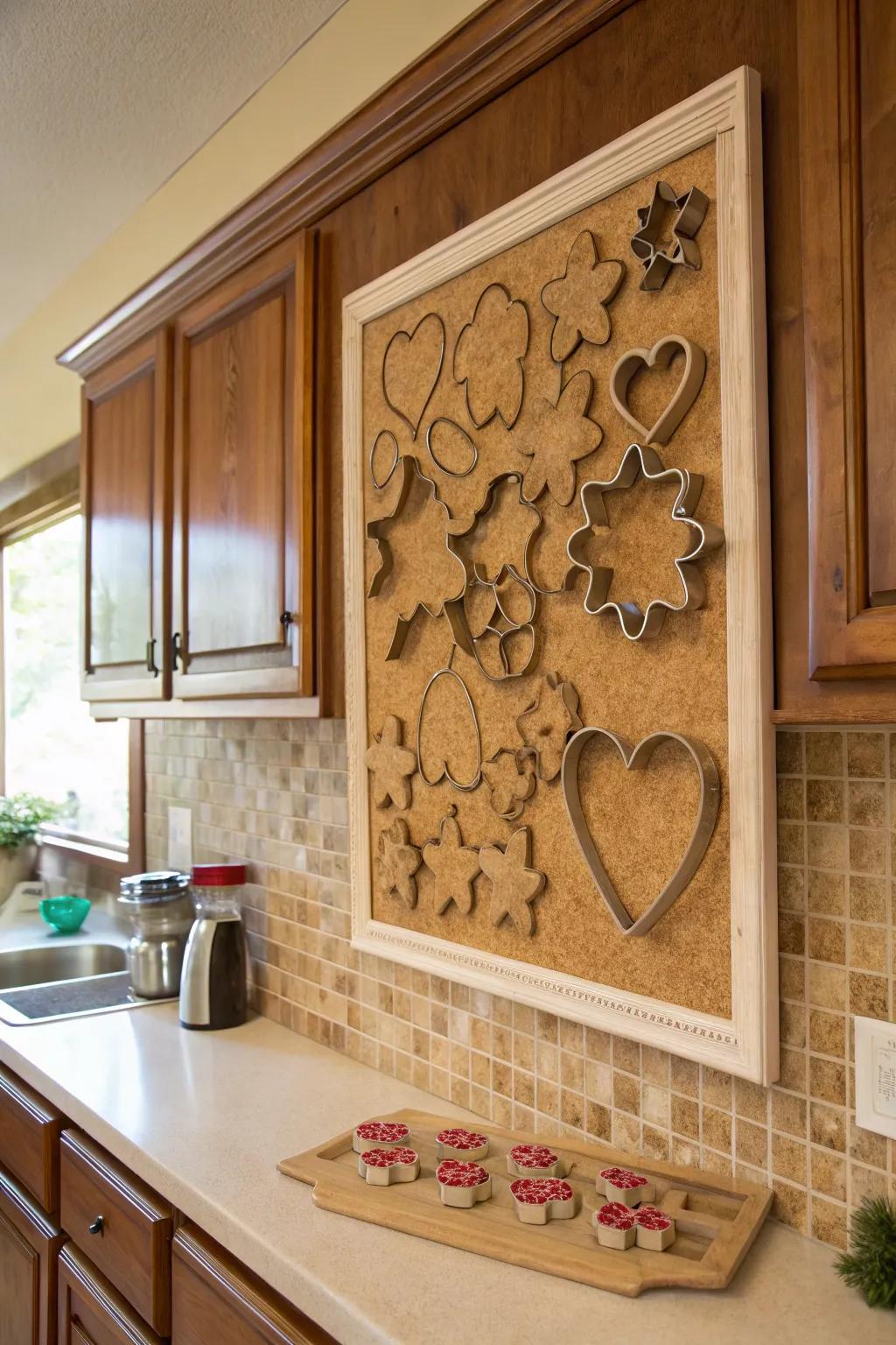 Cookie cutters arranged as wall art on a framed cork board.