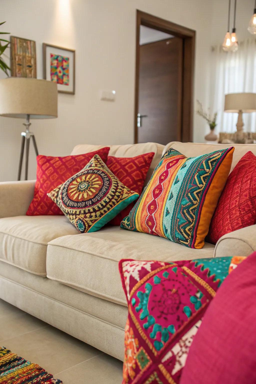 Striking textiles inject a burst of color and personality into this subdued living space.
