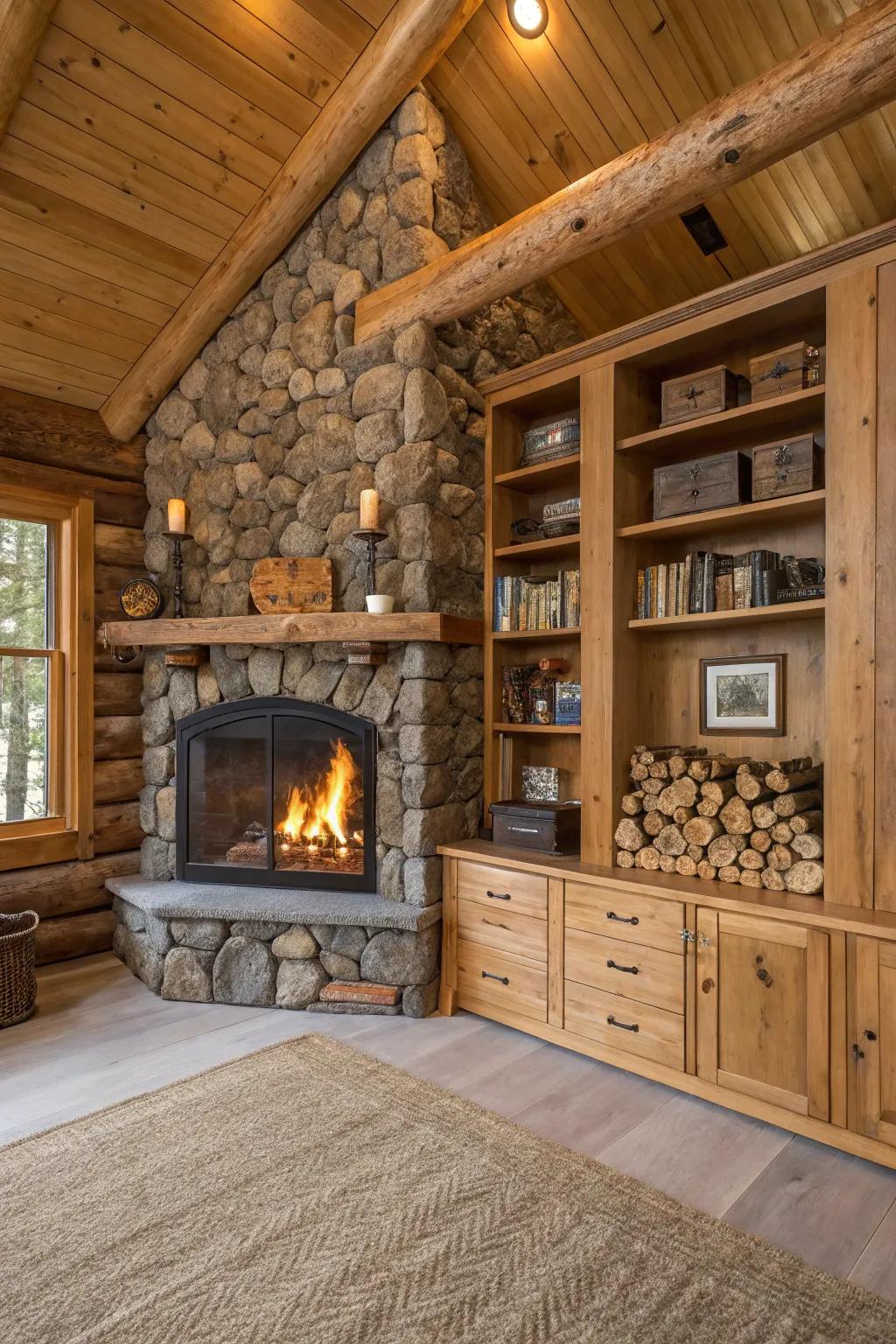 Rustic wood storage integrated with a corner fireplace.