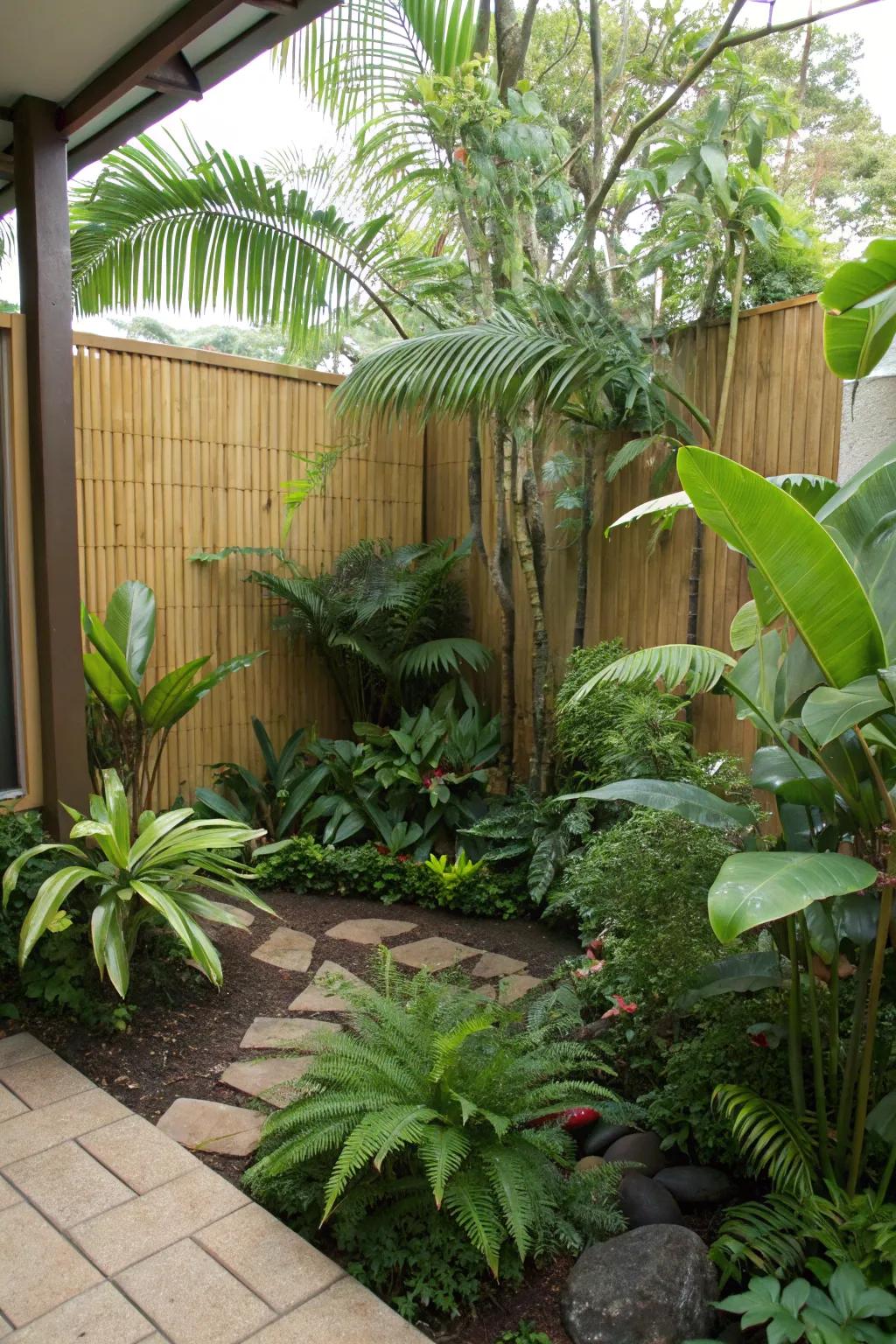 Tropical plants create an exotic escape in your garden corner.