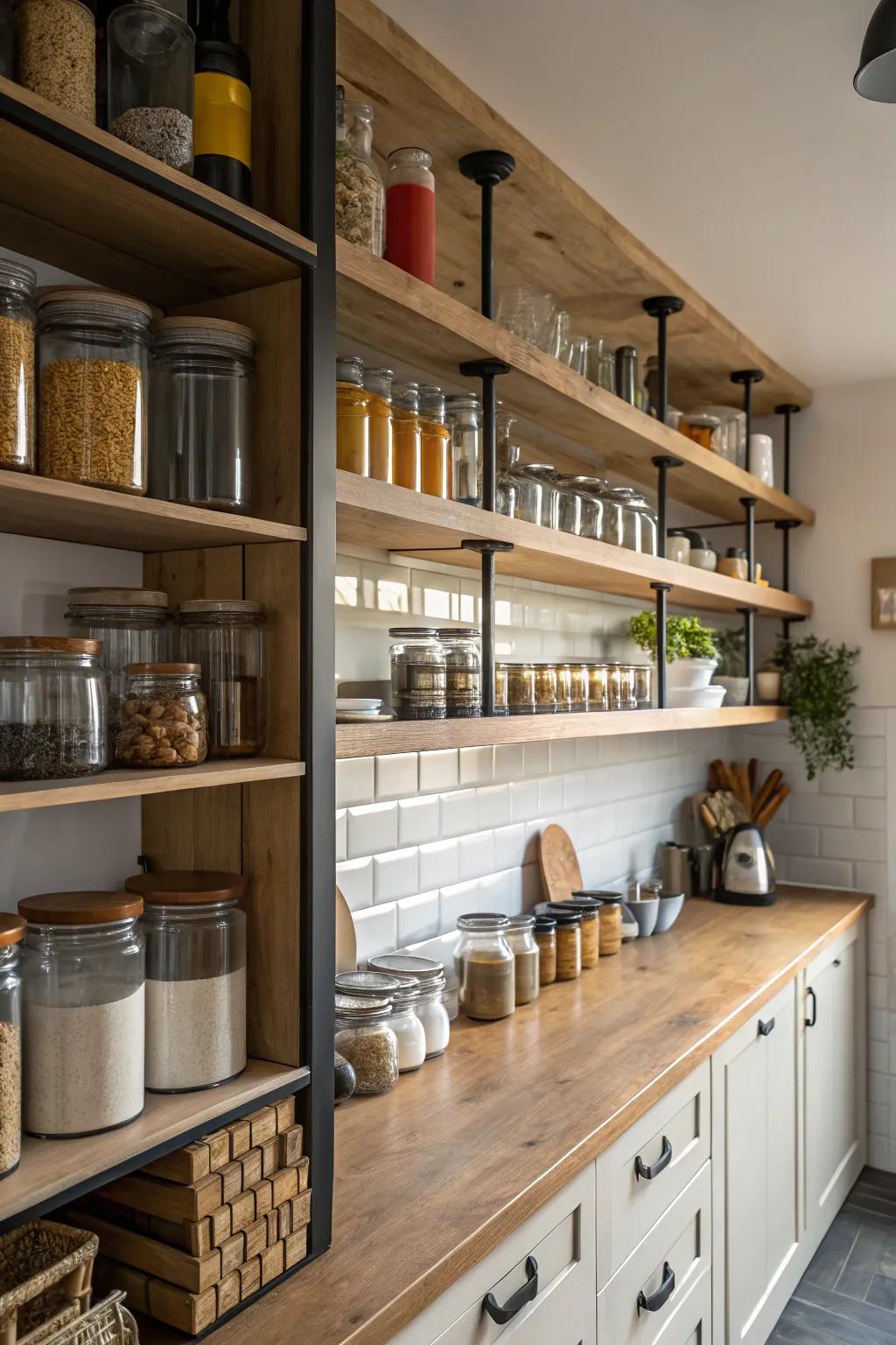 Floor-to-ceiling shelves make the most of vertical corner space.