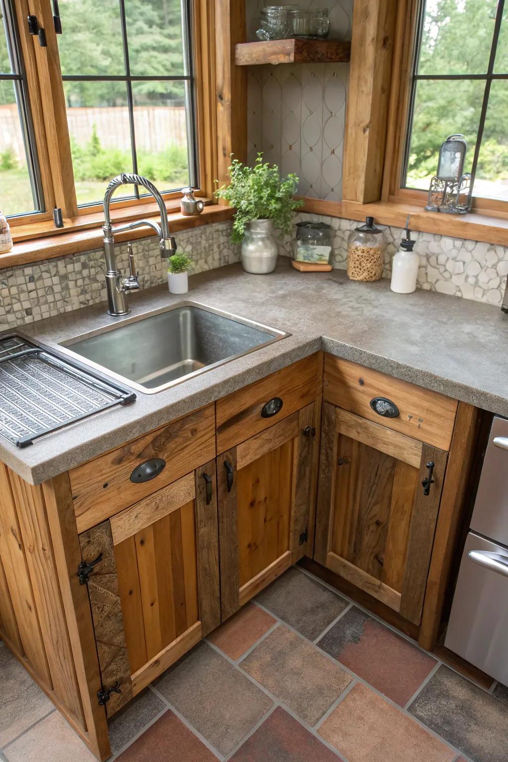 An eclectic mix of materials around a corner sink, showcasing unique kitchen design.