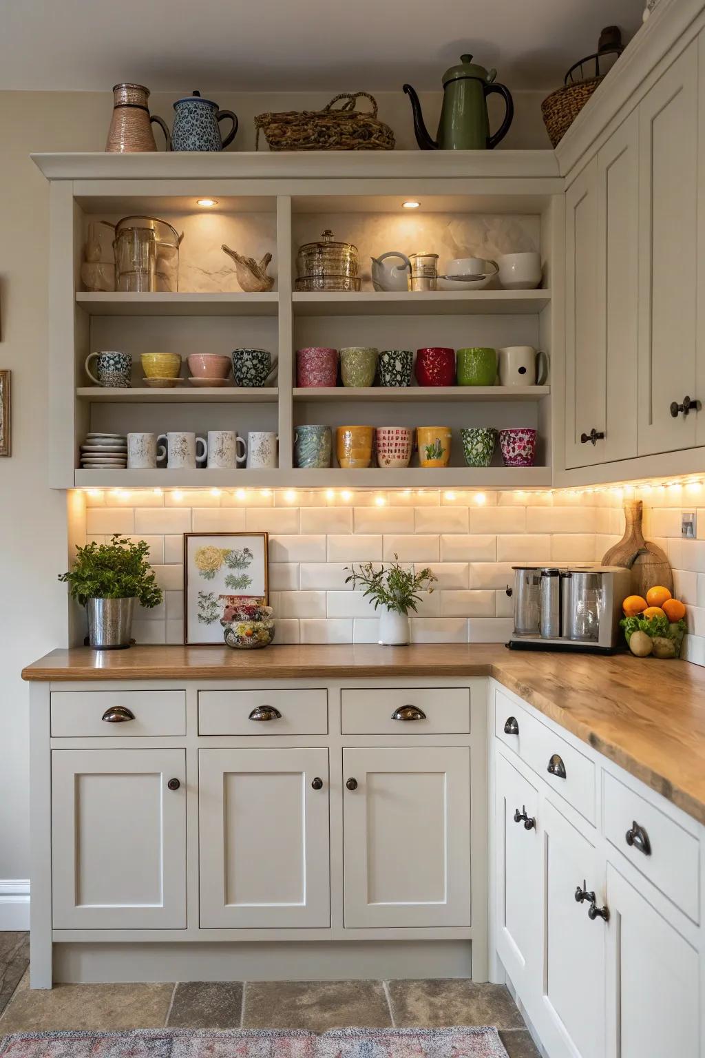 Integrated ledges add personal flair to kitchen storage.
