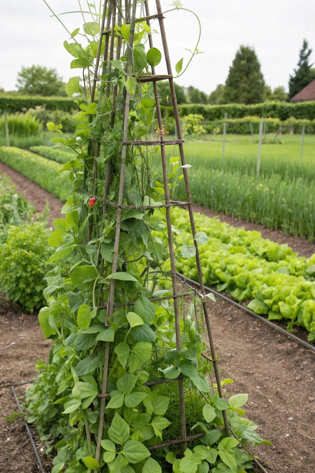 An edible garden trellis abundant with beans and peas.