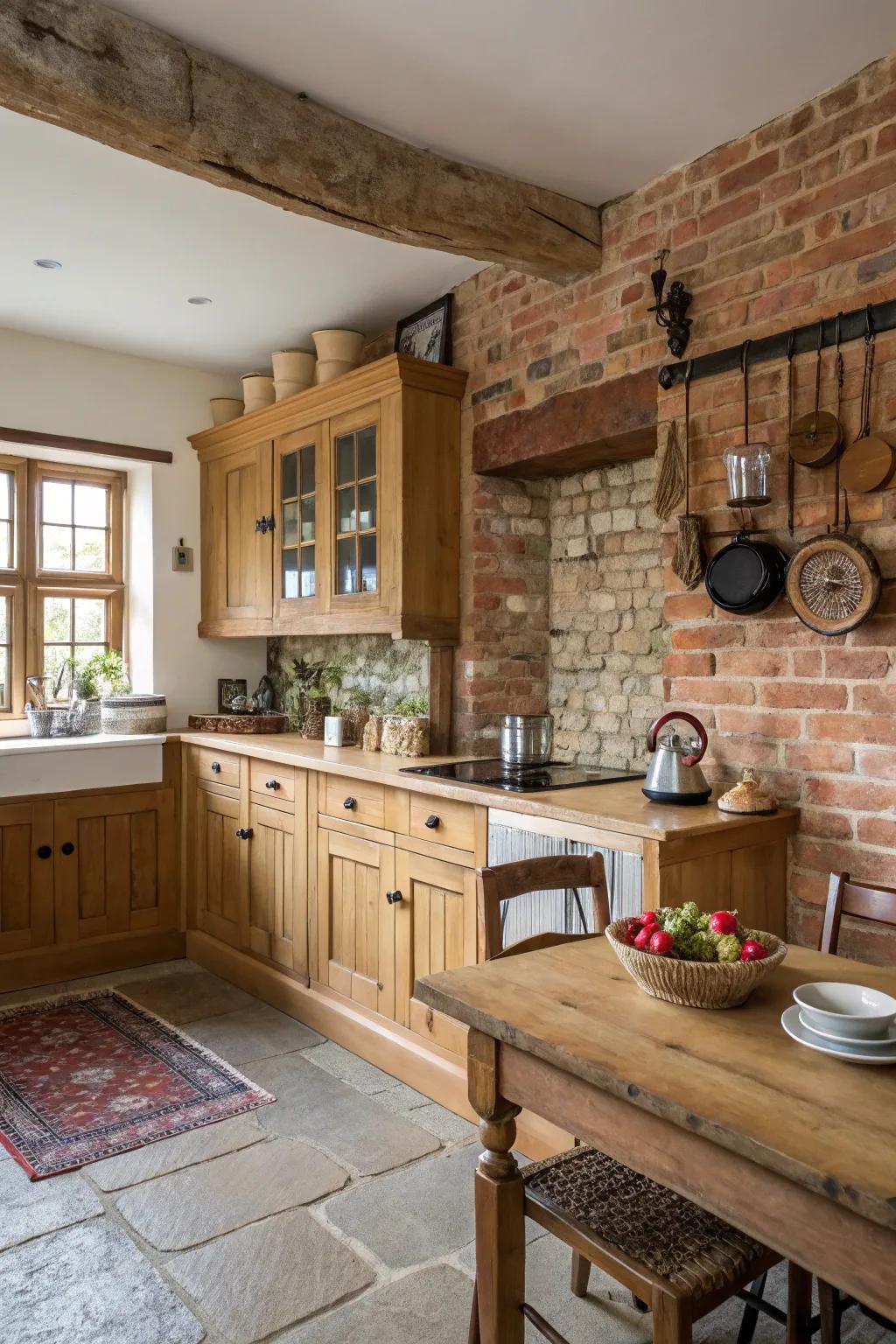 Uncovered brickwork introduces a down-to-earth centerpiece to this cooking area.