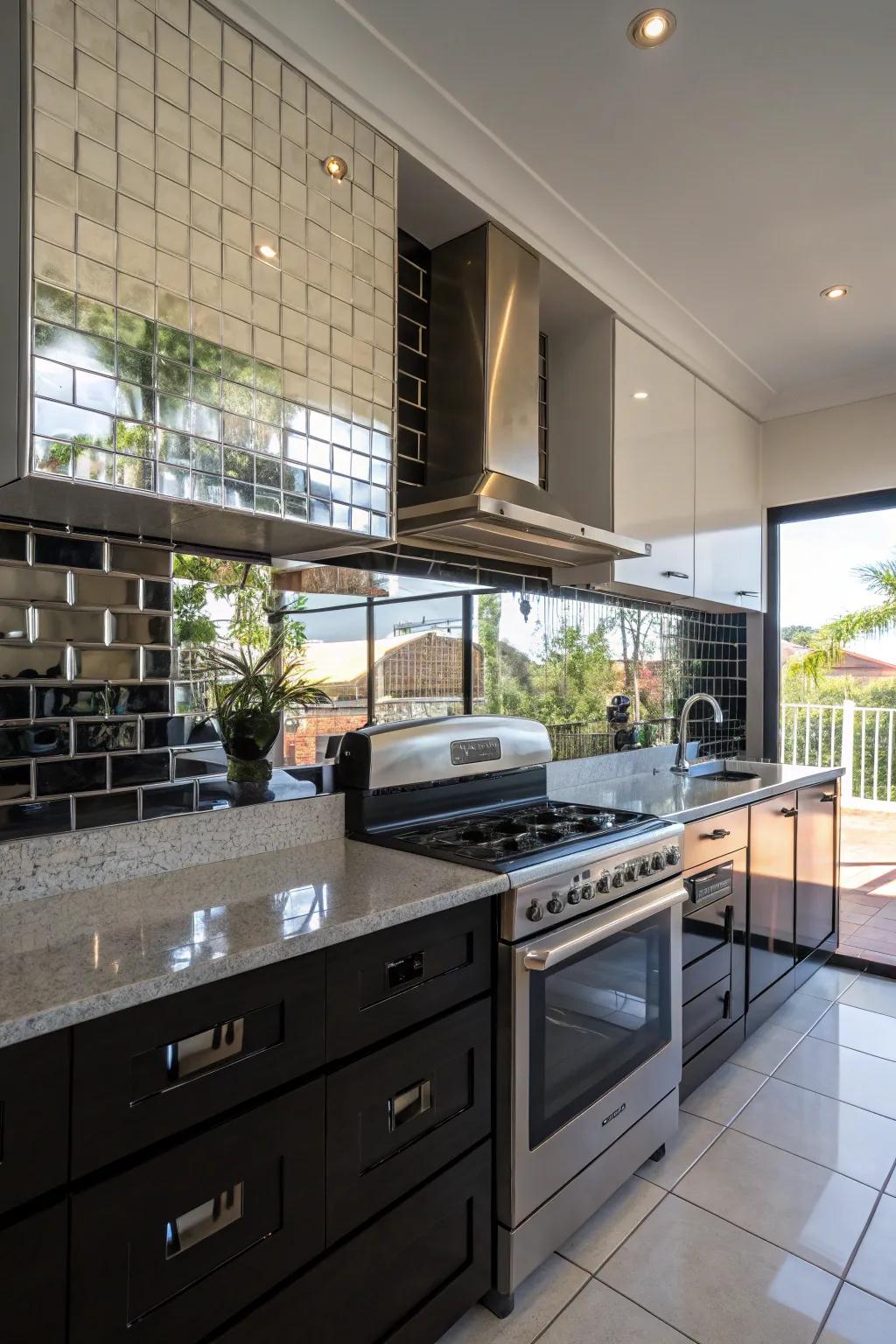 Mirrored backsplashes amplify light and enhance the sense of space in kitchens.