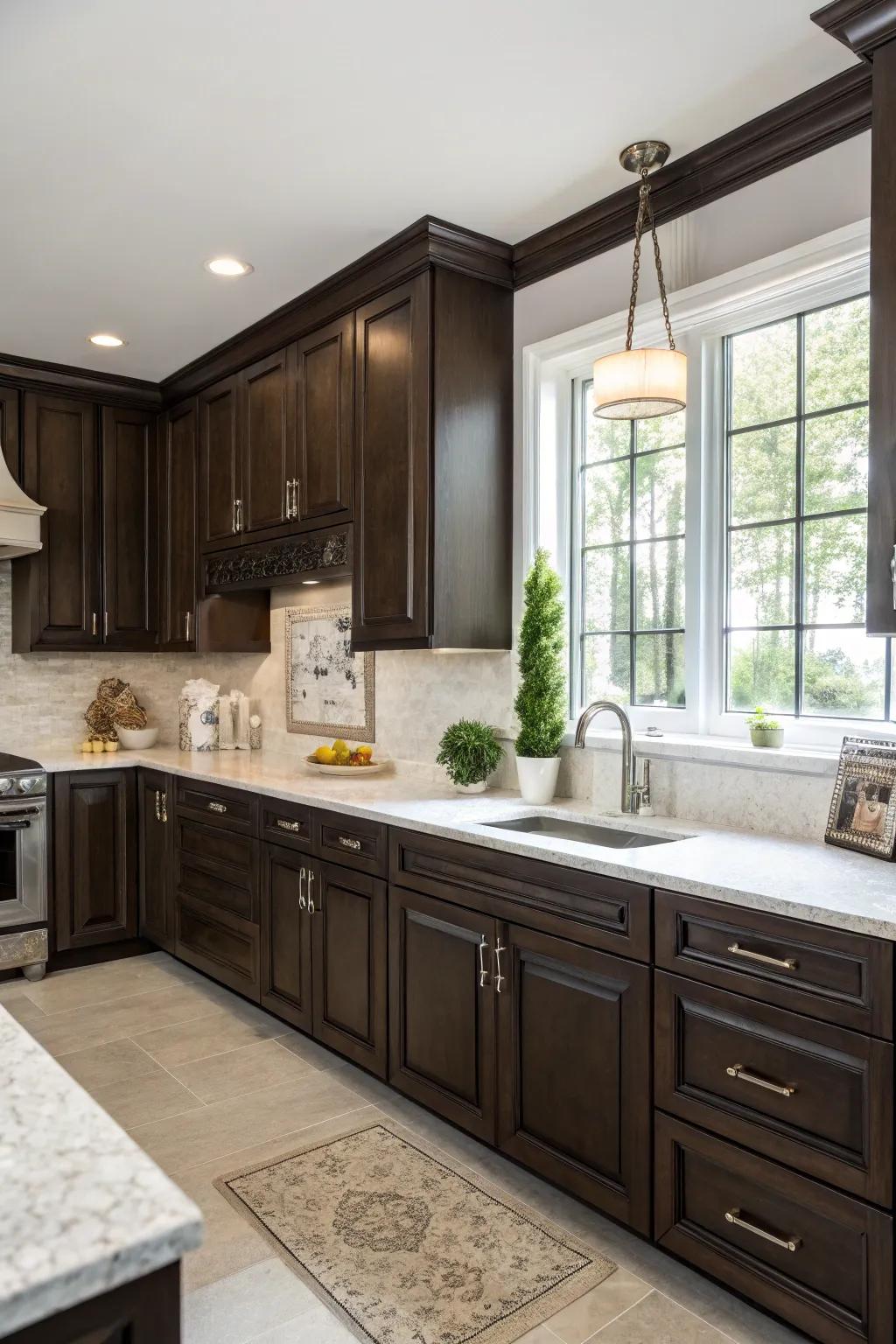 A kitchen with dark wood and light countertop contrast.