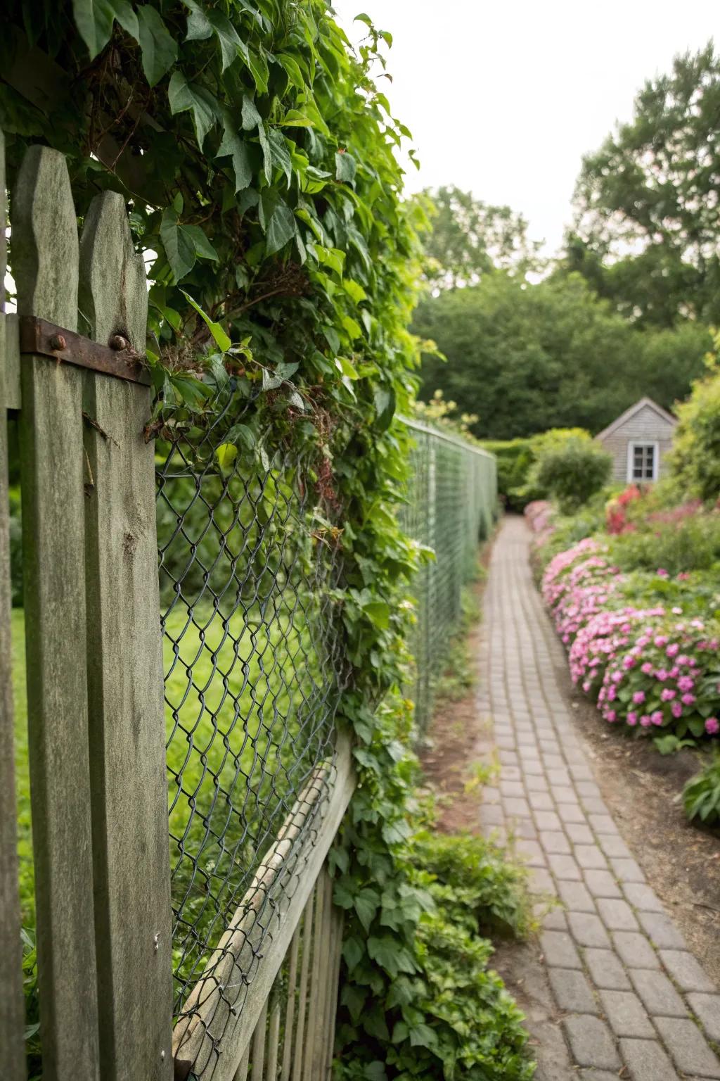 A living wall of greenery turns a link netting fence into a garden delight.