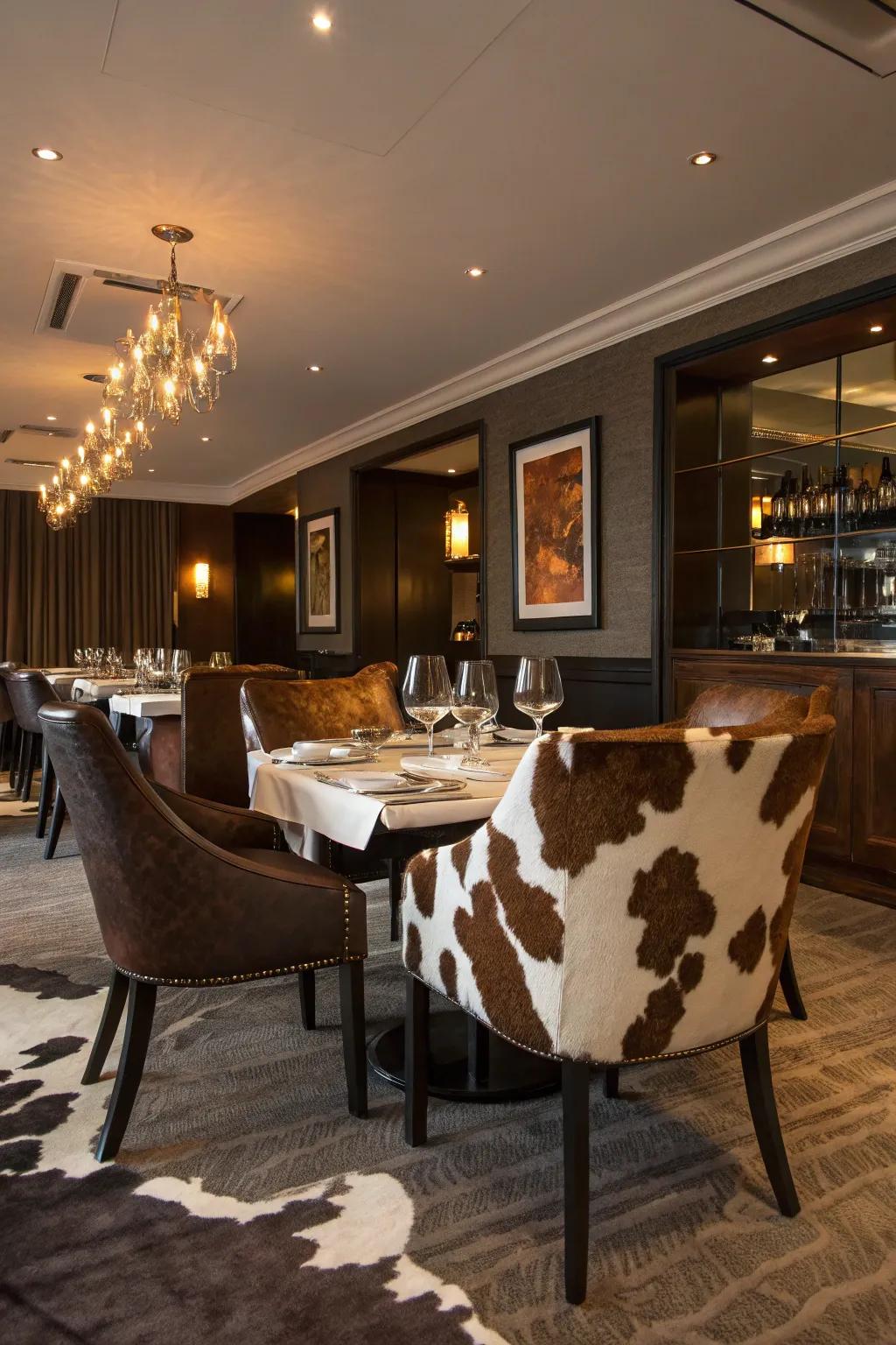 Cowhide dining chairs make a bold statement.