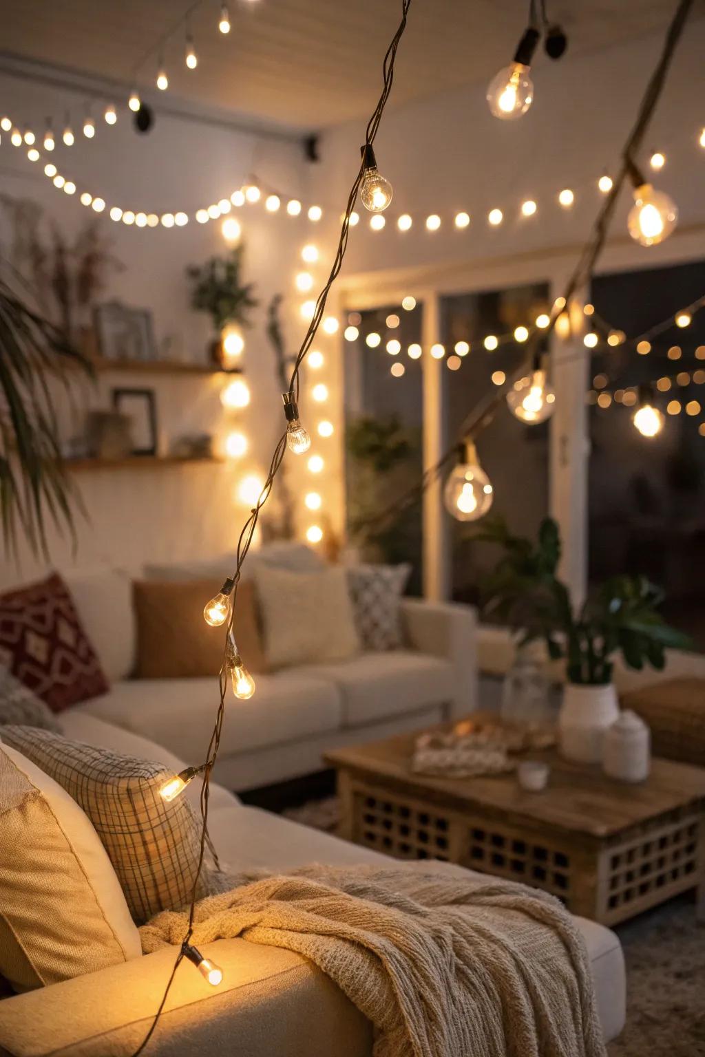 Decorative lights add a whimsical detail and cozy glow.