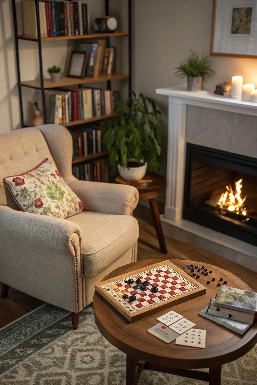 A board game nook encourages cozy gatherings by the fireplace.