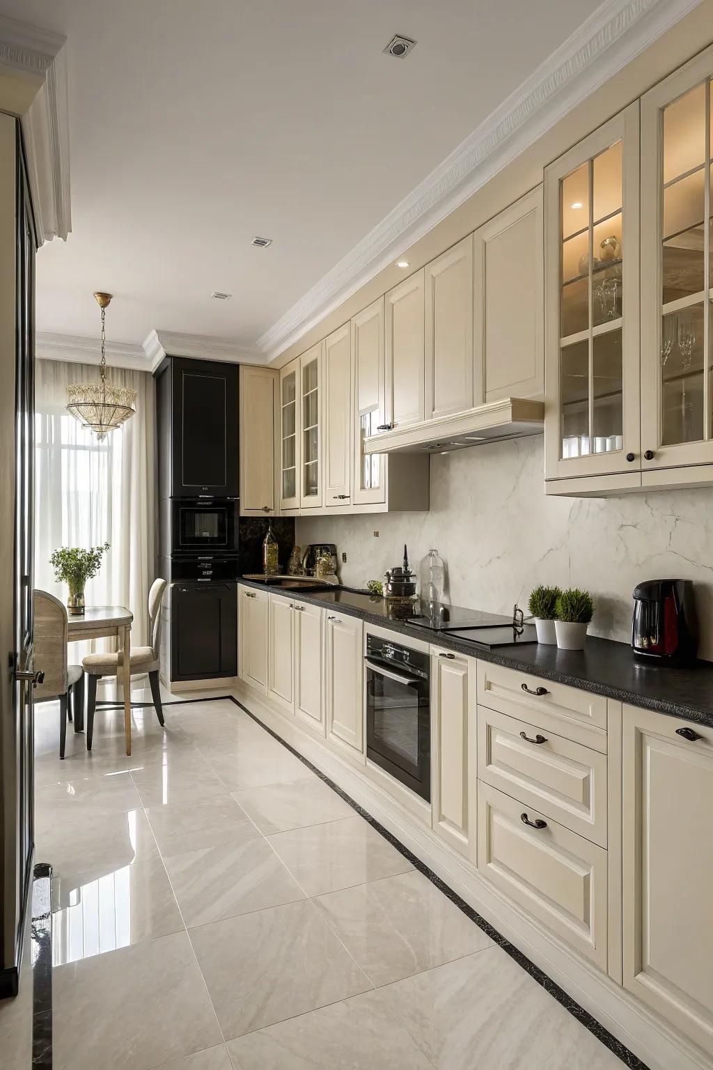 A monochrome palette creates a serene and unified kitchen space.