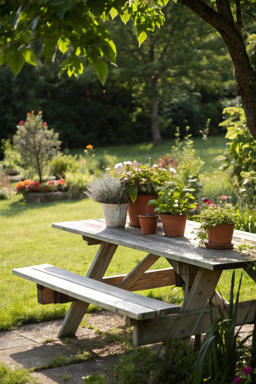 A picnic table featuring a built-in plant centerpiece, blending seamlessly with nature.