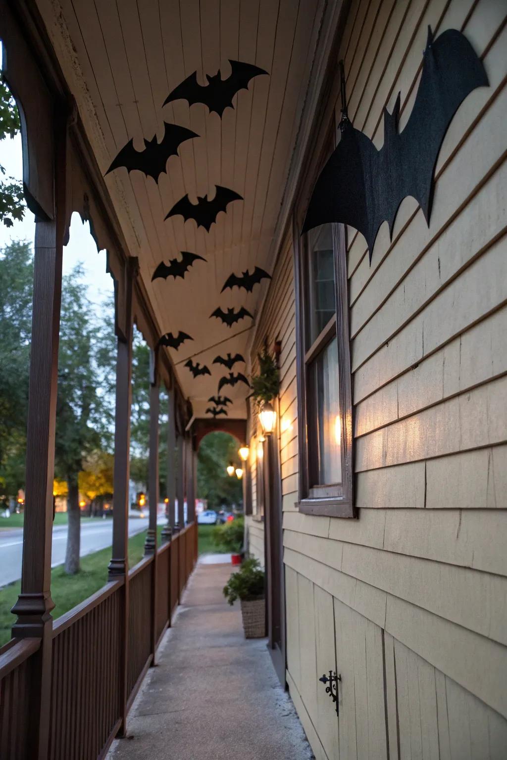A dynamic Halloween display is created by flying winged rodents.
