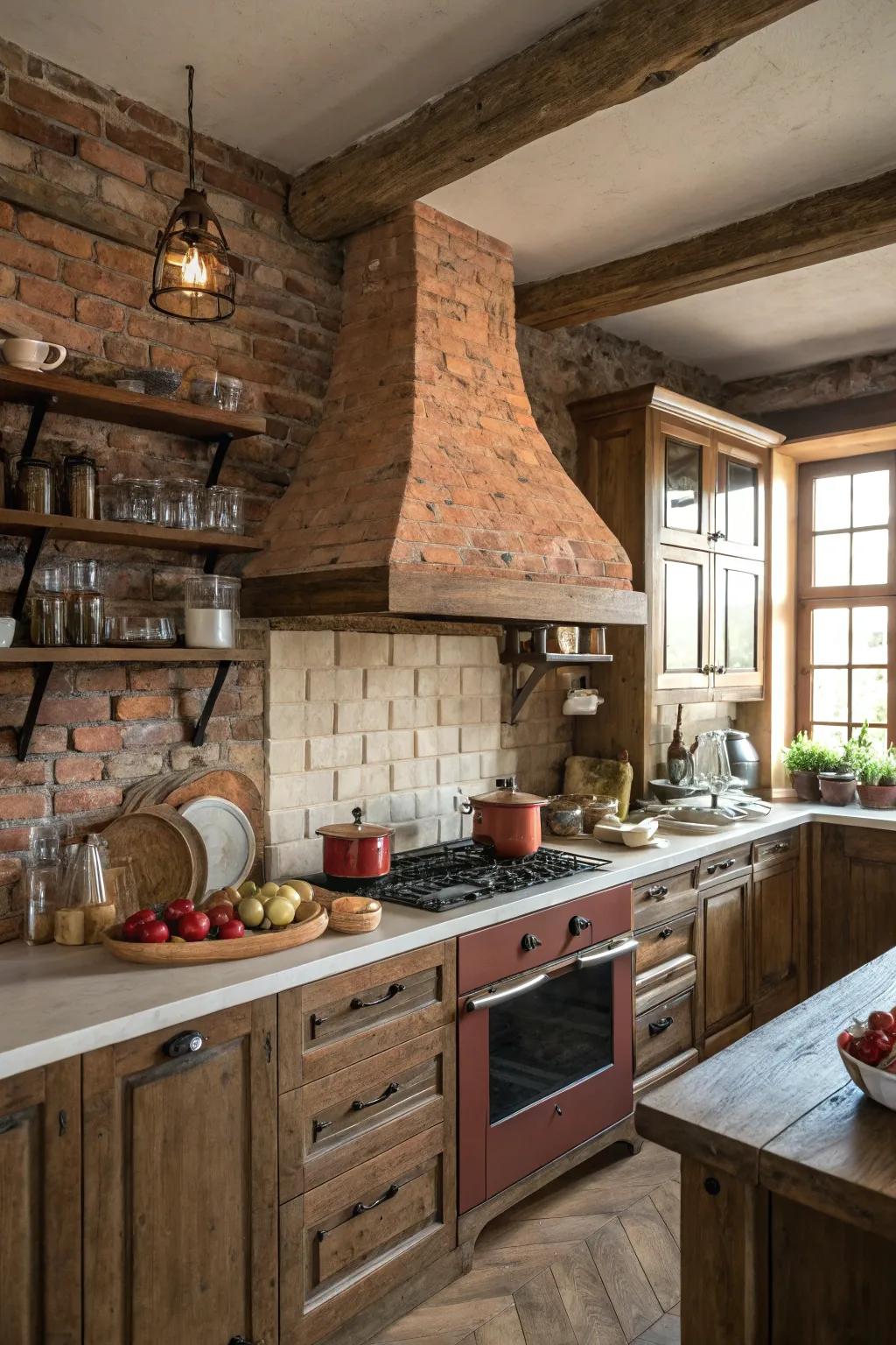 Brick-clad range hoods enrich kitchens with vintage warmth.