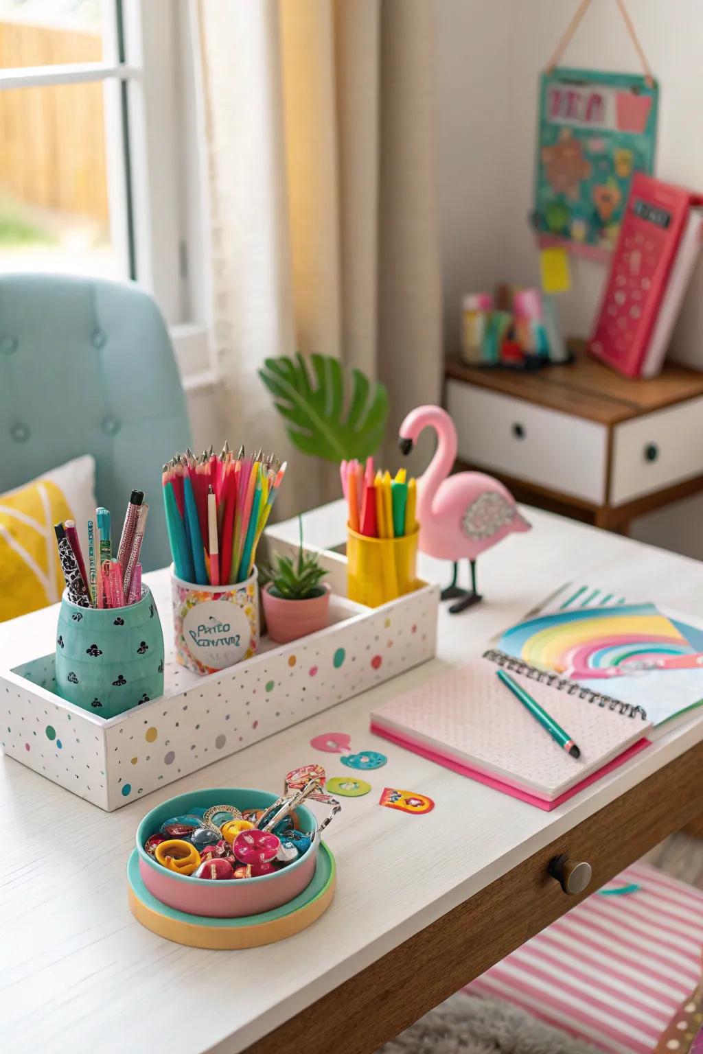 A desk with fun and quirky accessories for a lively atmosphere.