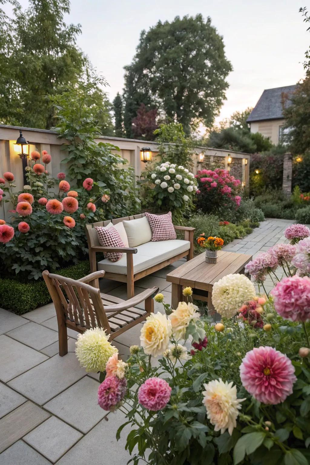 A tranquil courtyard retreat with dahlias.