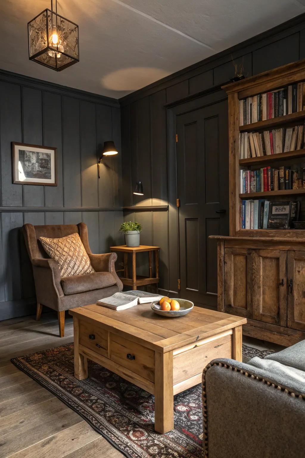 Rustic elements adding charm to a dark grey setting.