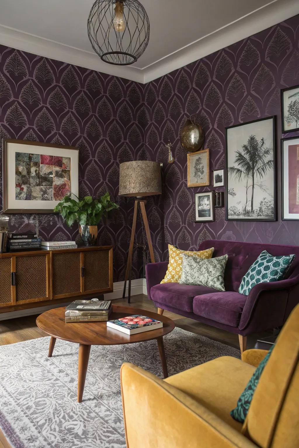 Purple wallpaper adds texture and pattern to this eclectic living room.