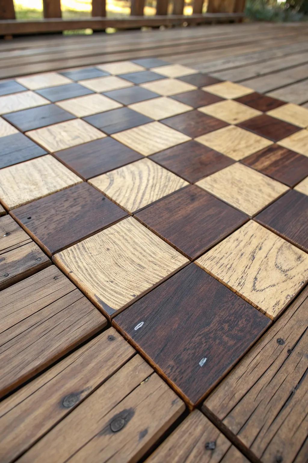 Revamp your deck with a stylish checkerboard pattern that exudes craftsmanship and character.