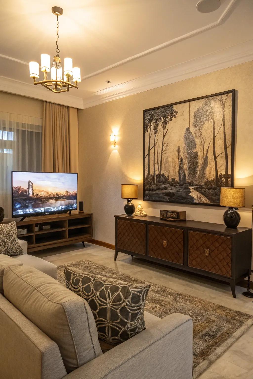 Sizeable art creates a dramatic, unified backdrop for the TV.