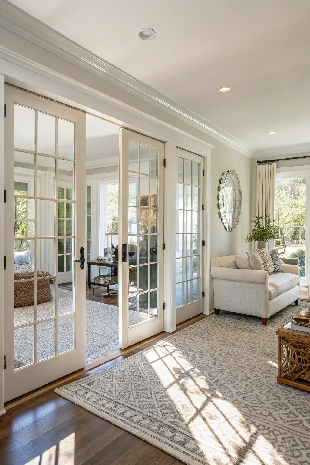 Reflective doors amplify light and space.