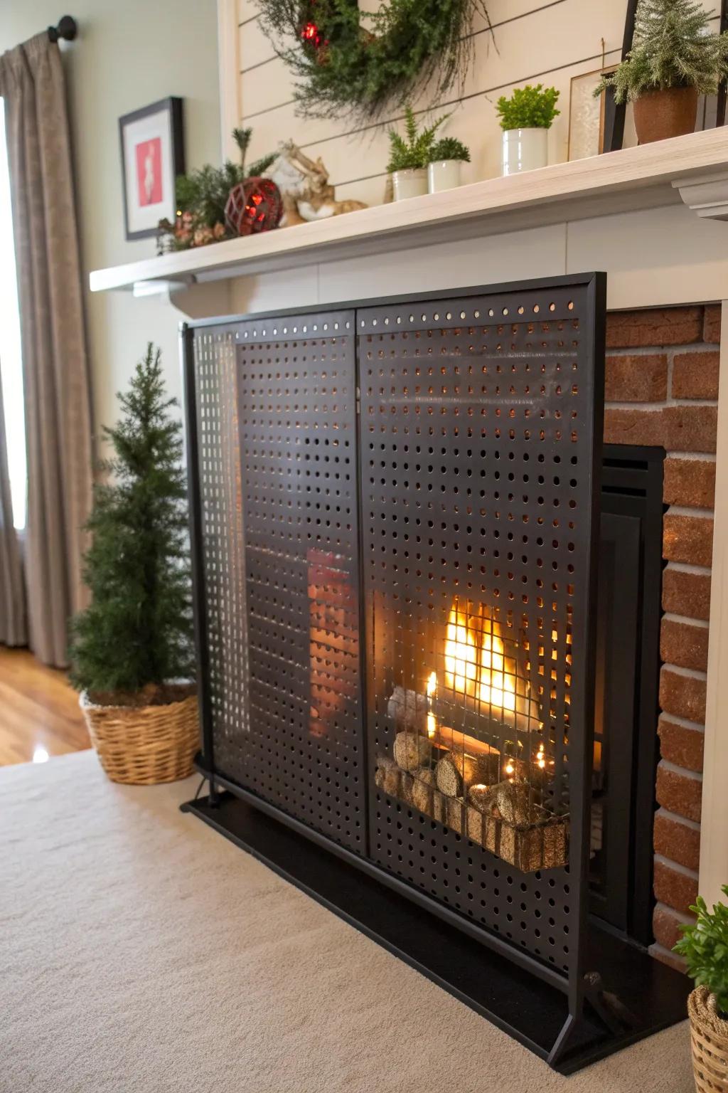 Elevate your fireplace with a stylish DIY pegboard screen, perfect for showcasing your seasonal creativity.