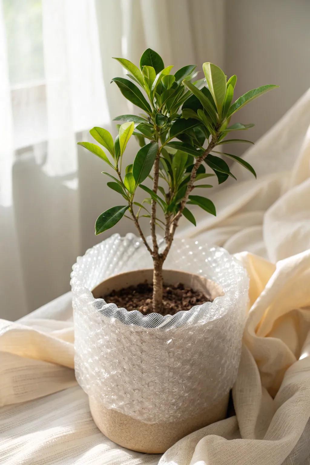 Embrace the charm of simplicity with bubble wrap plant insulation for a cozy, boho-inspired touch.