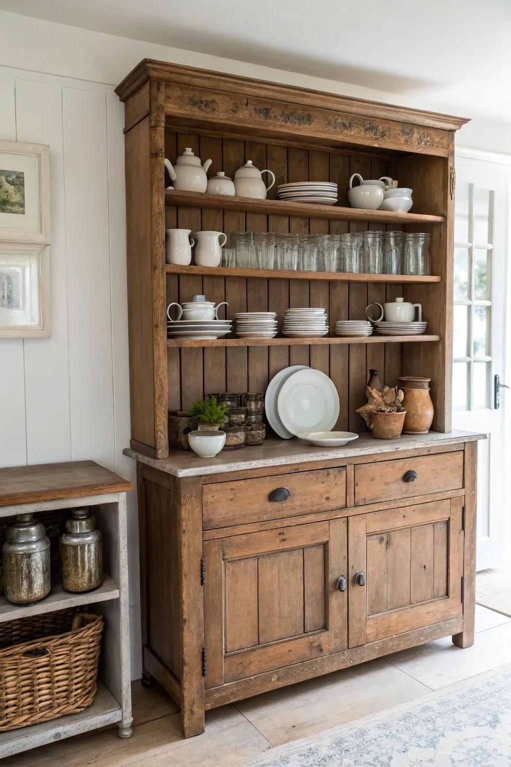 Breathe new life into your kitchen with a touch of history. Discover the art of repurposing antiques for stunning open shelving.