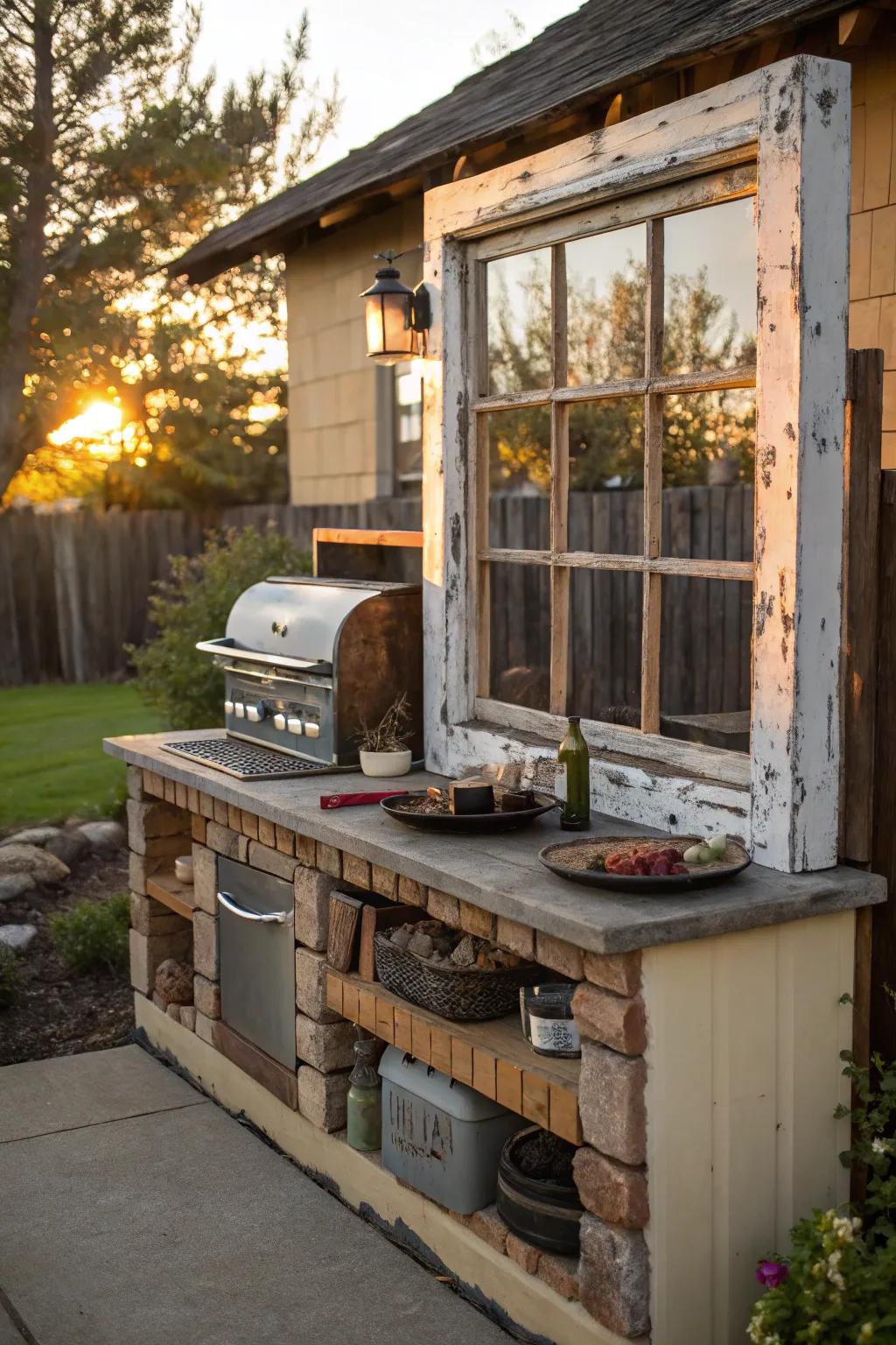 Transform your grill space with vintage charm using a salvaged window frame.