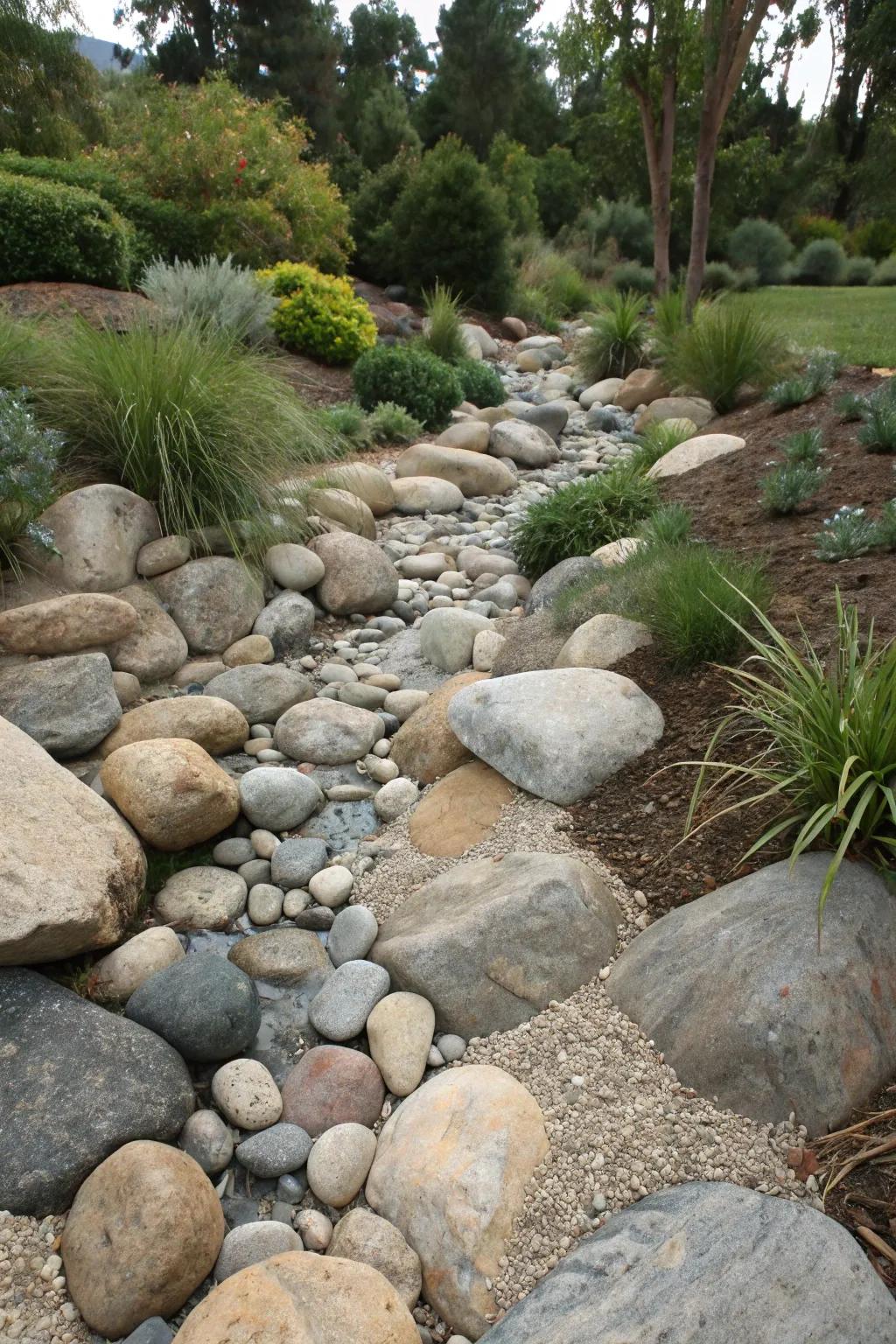 Transform your landscape with a stunning dry creek bed: where function meets artistry.