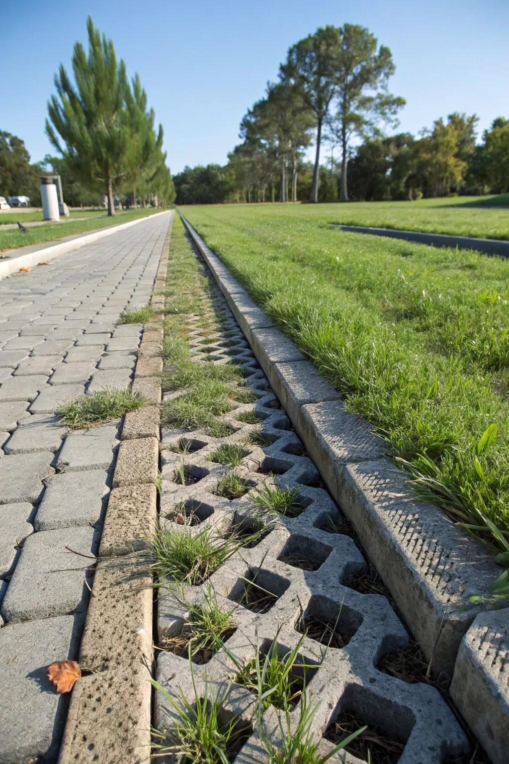 Turfstone pavers offer stability and permeability in swale design.