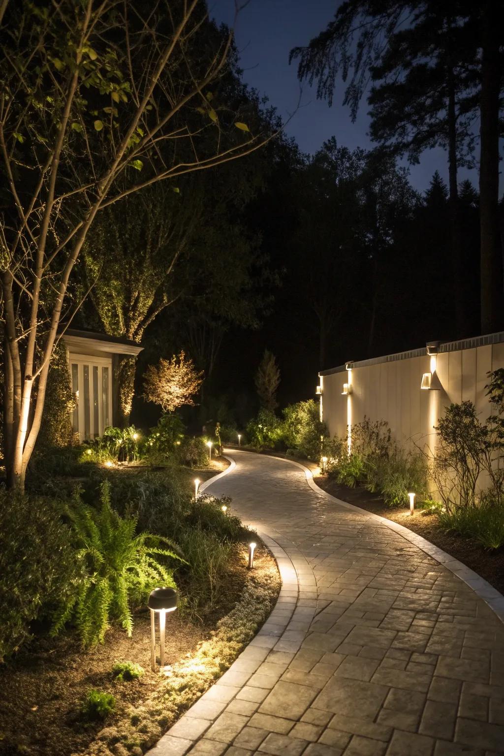 Driveway illumination fashions a warm and welcoming atmosphere.