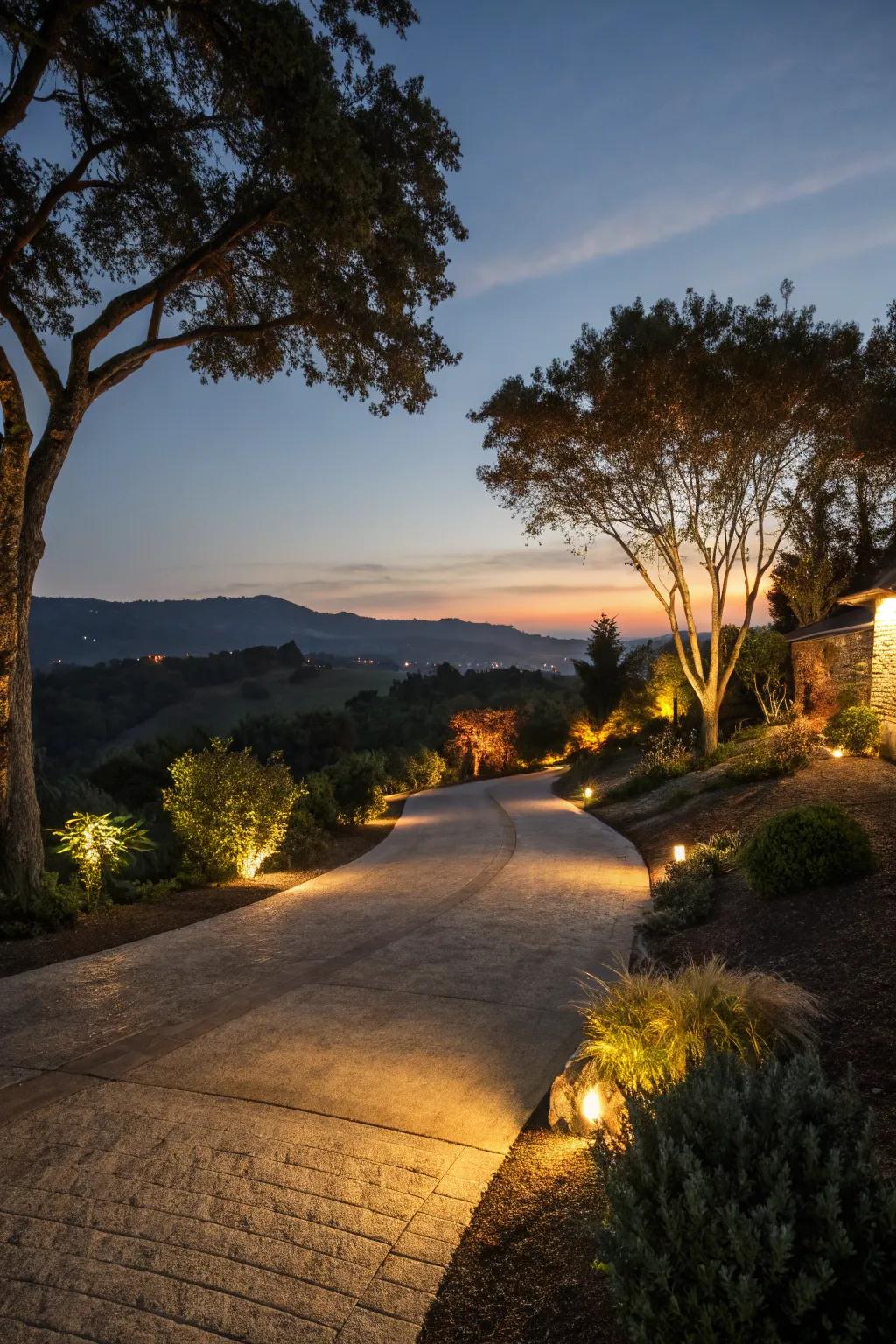 Inventive lighting enhances both safety and aesthetics on the driveway.